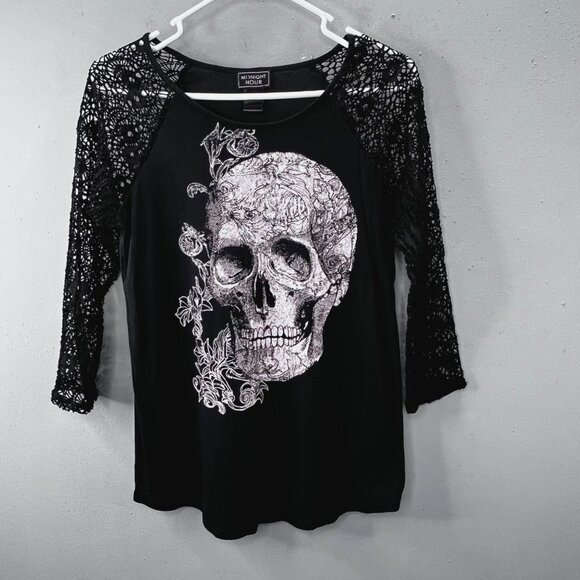 Midnight Hour Skull Floral Shirt M Crochet Lace Sleeve Whimsigoth Goth Halloween - Picture 1 of 5